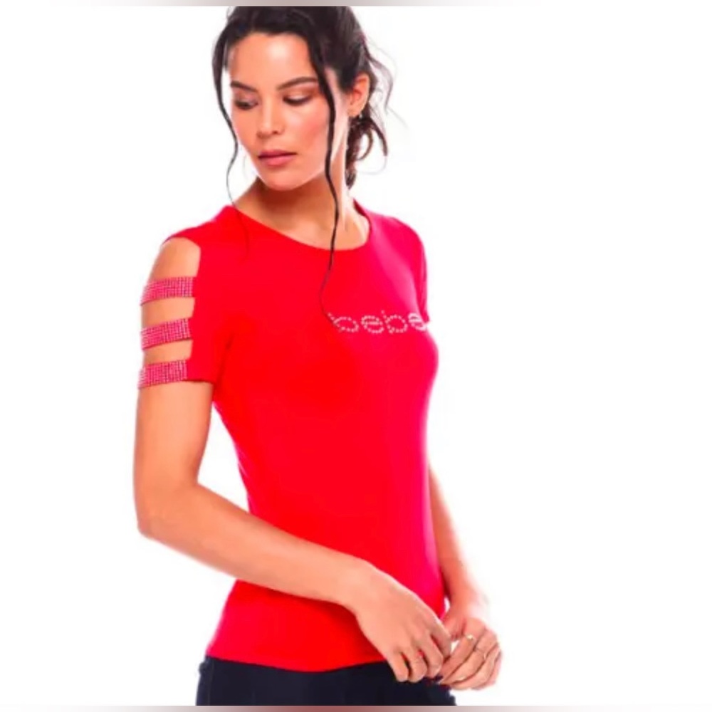 Bebe Women's Logo Cutout Jersey Rhinestone Tee Red